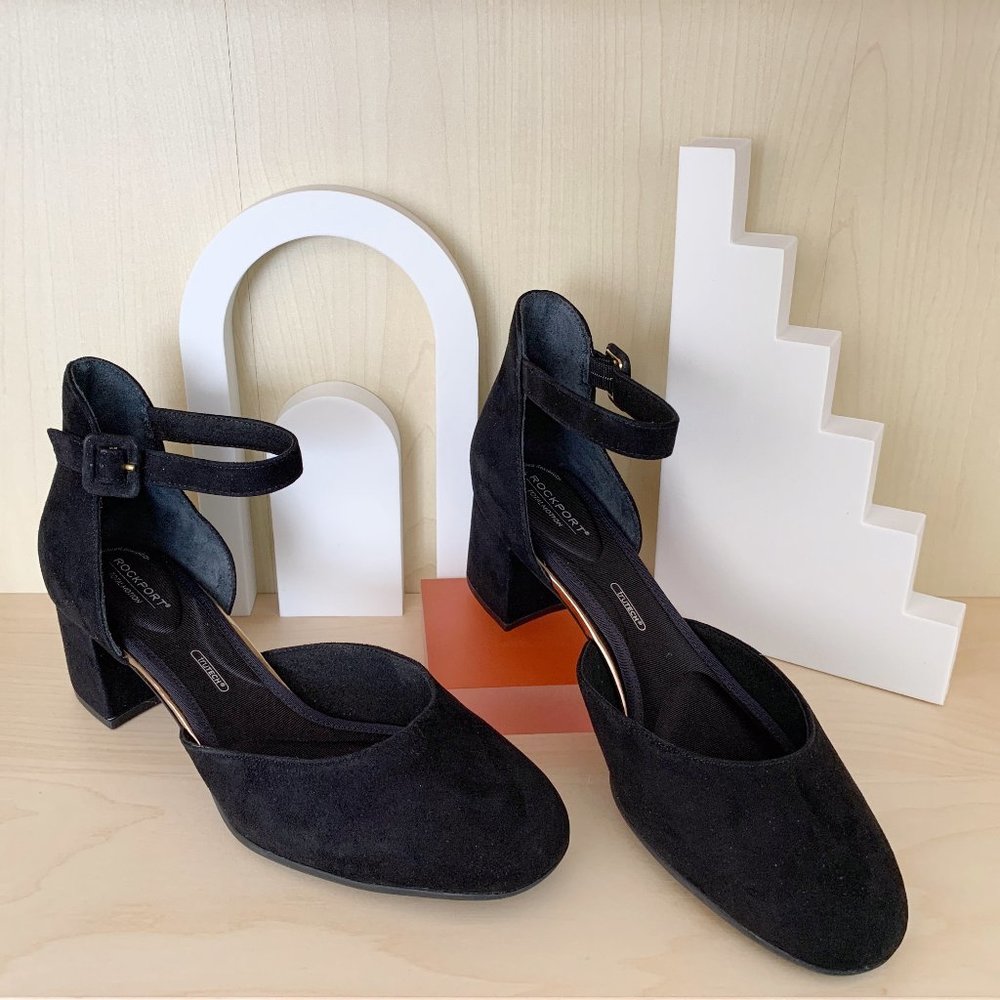 NEW - Rockport Ankle Strap Black Suede Heels